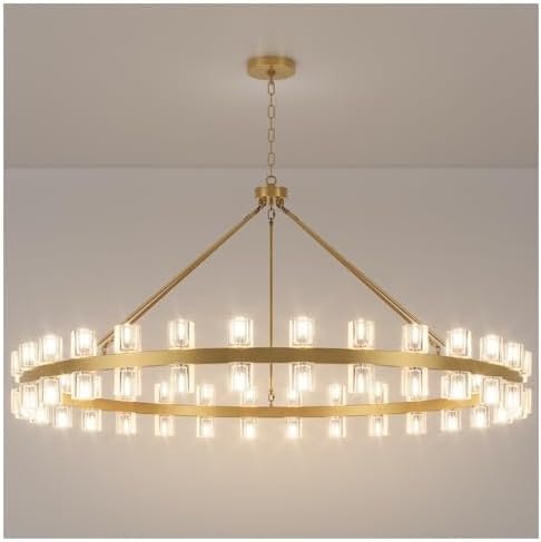 60 Inch Gold Wagon Wheel Chandelier with Crystal Shade, 60 Lights, Modern Farmhouse Style, Ideal for Dining Room, Kitchen, Entryways