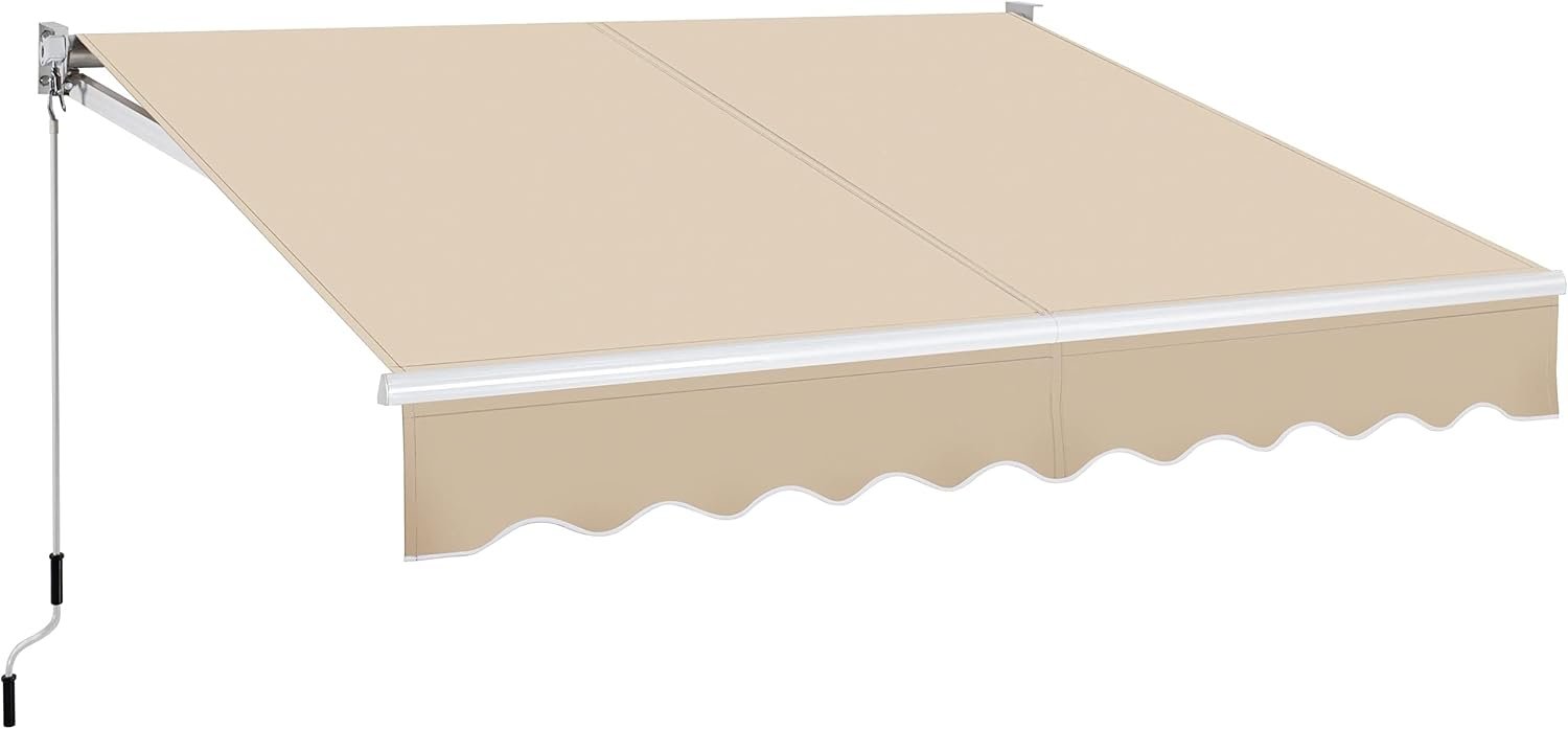 Yaheetech 8×7 Retractable Patio Awning Manual Crank Adjustable Shade Beige | 280g/m² PU coated polyester fabric, 5°–35° adjustable shade w/decorative wavy valance, fits balcony patio deck & storefront