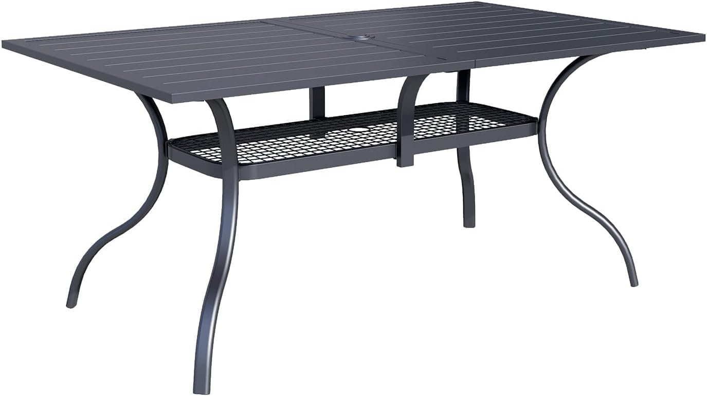 Incbruce Patio Dining Table, 60″ x 36″ Rectangle Metal Steel Slat Table, with 1.57″ Umbrella Hole, for Backyards, Porches, Gardens or Poolside