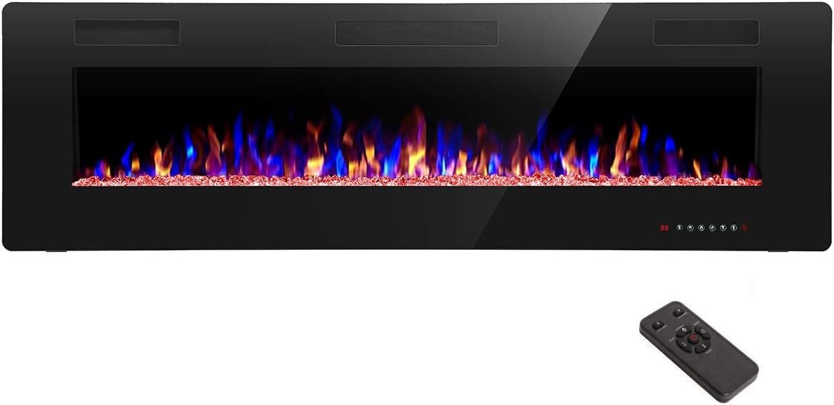 R.W.FLAME 60″ Recessed and Wall Mounted Electric Fireplace, Low Noise, Fit for 2 x 6 Stud, Remote Control with Timer, Touch Screen, Adjustable Flame Color and Speed, 750-1500W