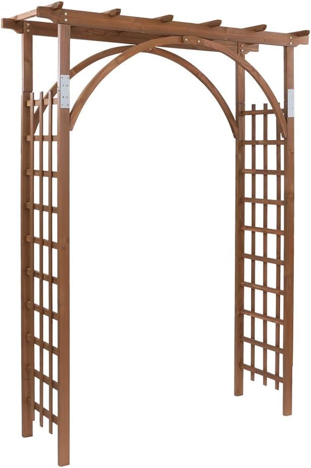 7Ft Dark Brown Wooden Garden Arbor Arch Trellis | Heavy duty wood pergola archway for climbing roses vines, perfect for patio lawn courtyard wedding ceremony decor