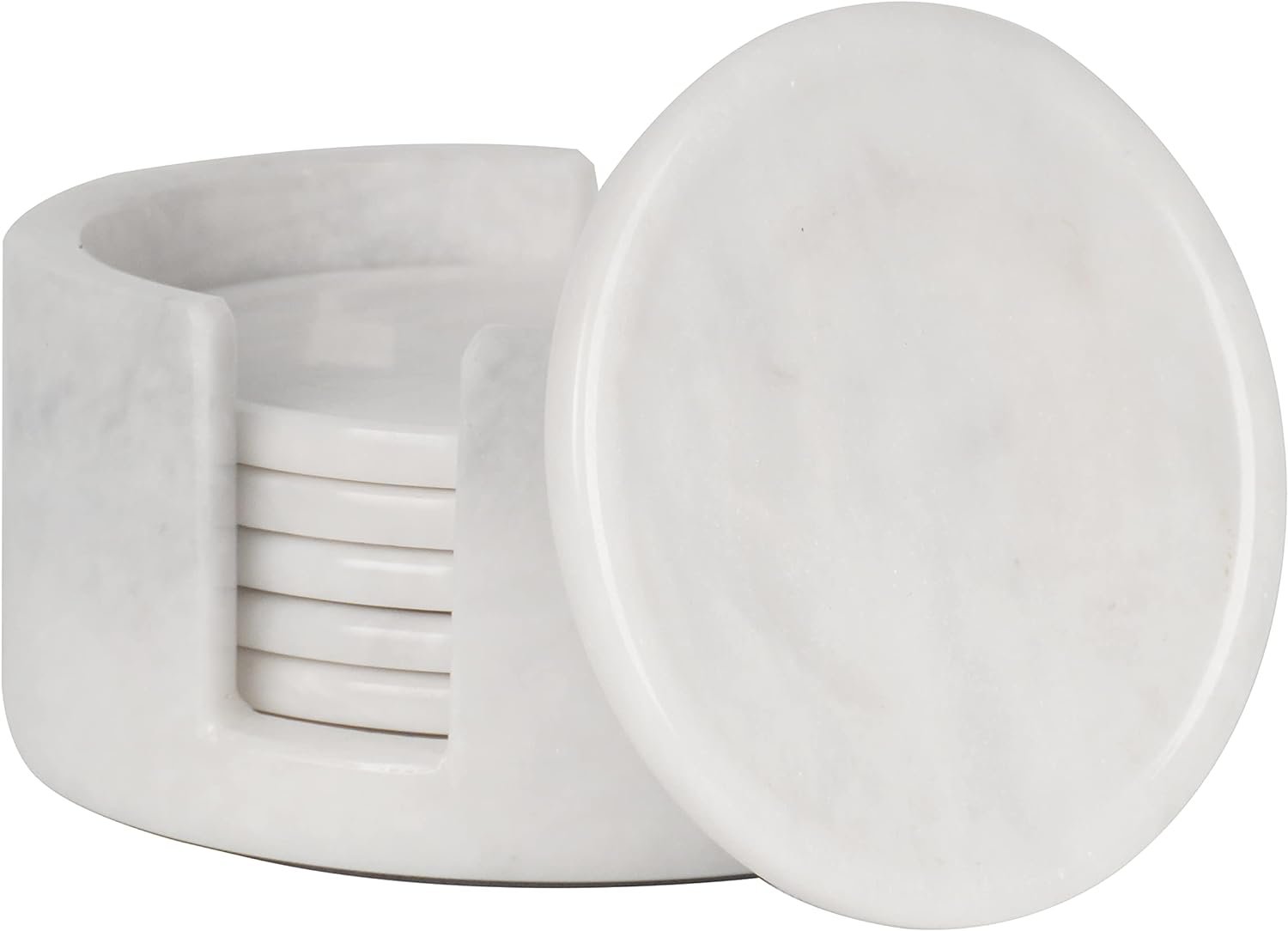 Radicaln Round Marble Coasters Set of 6 with Holder – White Stone 3.5 Inch | Felt-Backed Base, Polished Natural Stone, Hand-Cut Veining, Drink Coasters for Coffee Table Desk Bar Cart, Gift Boxed