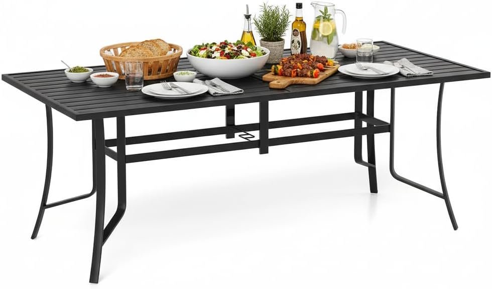 Tangkula 76″ x 36″ Metal Patio Dining Table for 8, Rectangle Heavy Duty Outdoor Dining Table with Umbrella Hole, 8-Person Outside Dining Furniture for Porch, Garden, Balcony and Backyard