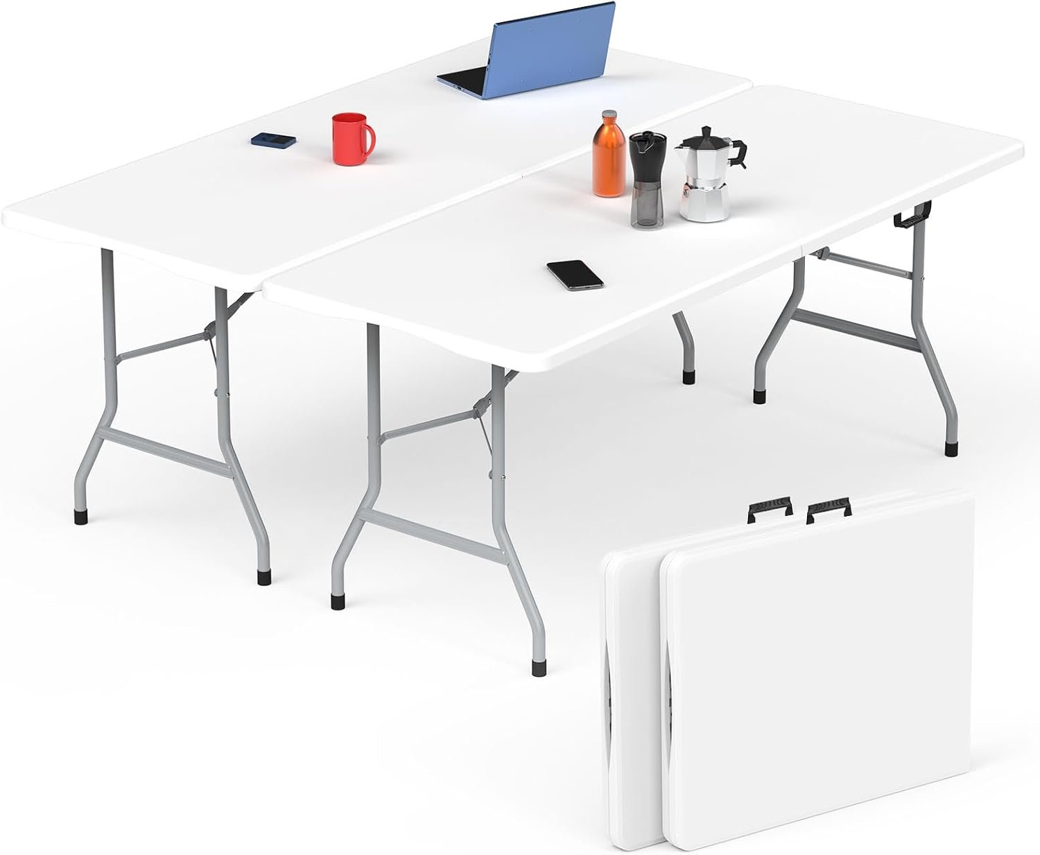 Folding Table 2 Pcs,6 ft Portable Camping Table with Handle & Safety Locks | Foldable Dining Picnic Table, Heavy Duty HDPE Plastic, Indoor Outdoor Use, for Picnic and Party