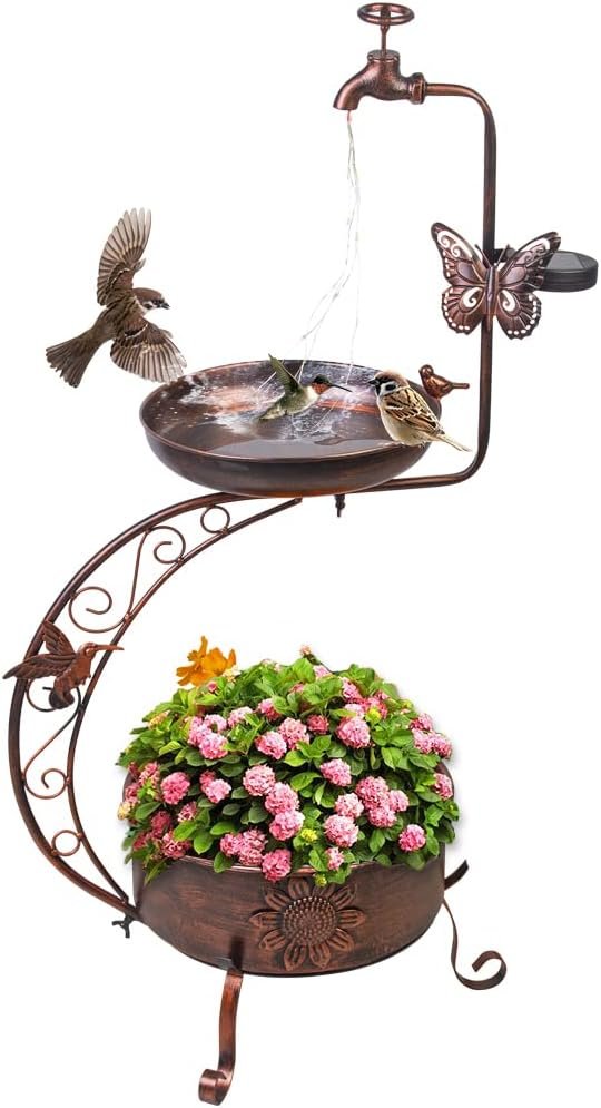 DREAMYSOUL Solar Bird Baths for Outdoors, Metal Birdbath with Flower Planter Pedestal, Antique Copper Bird Bath with Solar String Light for Garden, Yard, Patio Decor 36″ Height