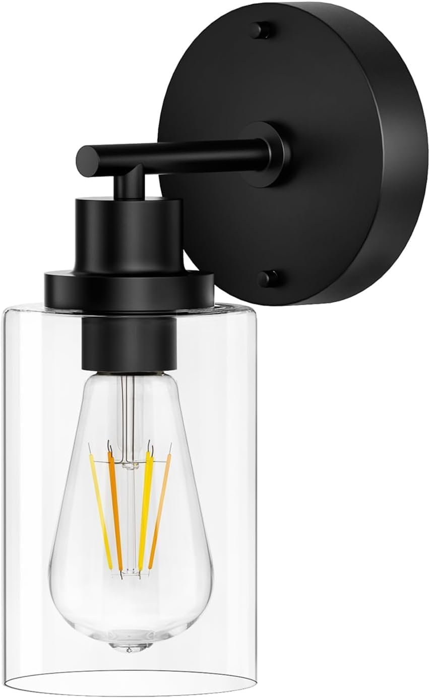 BUTHY Black Wall Sconce Light, Modern LED Wall Light Indoor Fixtures | E26 Base and Clear Glass Shade, Ideal for Hallway, Bedroom, Living Room, and Mirror