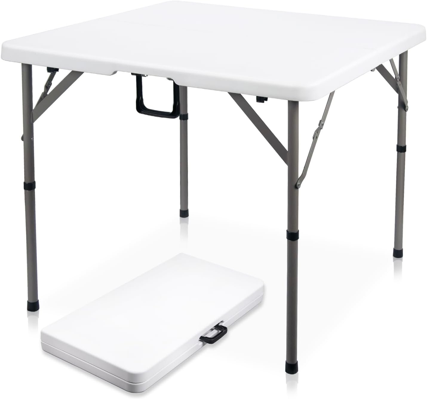 34″ Square Folding Card Table,Fold-in-Half Utility Portable Table,White | Heavy Duty HDPE Tabletop,Carrying Handle,Removable Legs with Two Height,Indoor Outdoor for Picnic,Camping,Party,Game