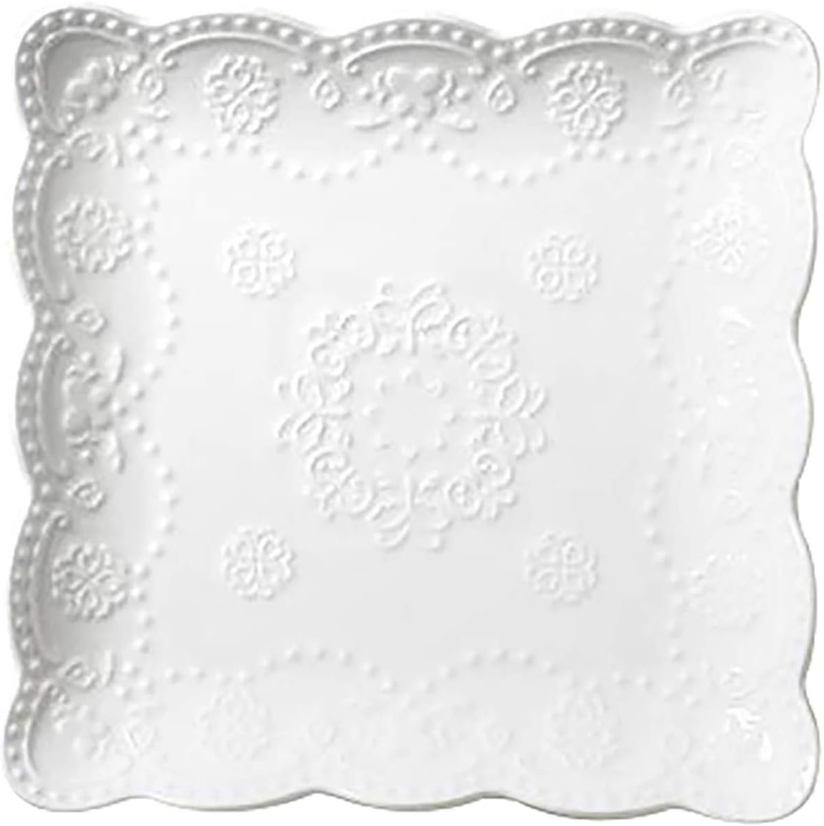 YBKTEX Ceramic Plate, Square Embossed Lace Plate (White, 6-inch)