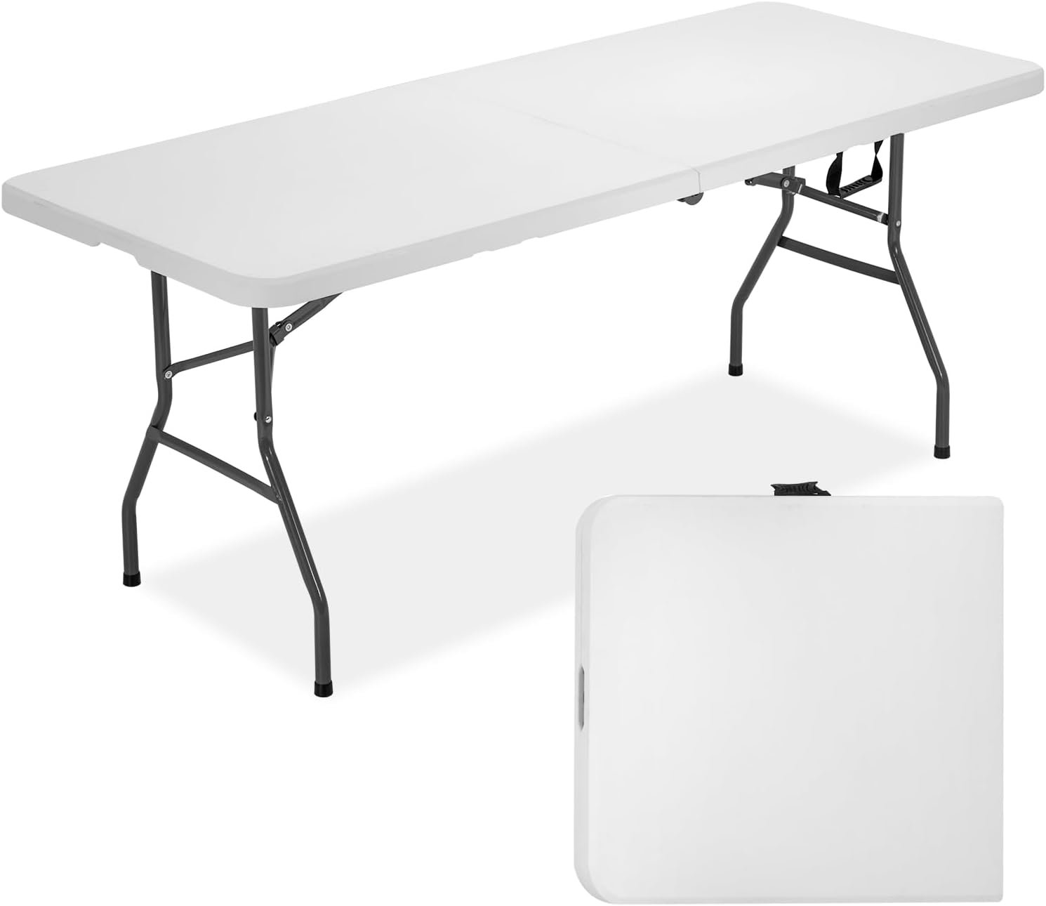 FDW | 6FT Folding Table | White | Portable Plastic Table | with Carry Handle | Waterproof & Foldable Table Design | Steel Frame with Lock | for Events, Camping, Indoor & Outdoor Use