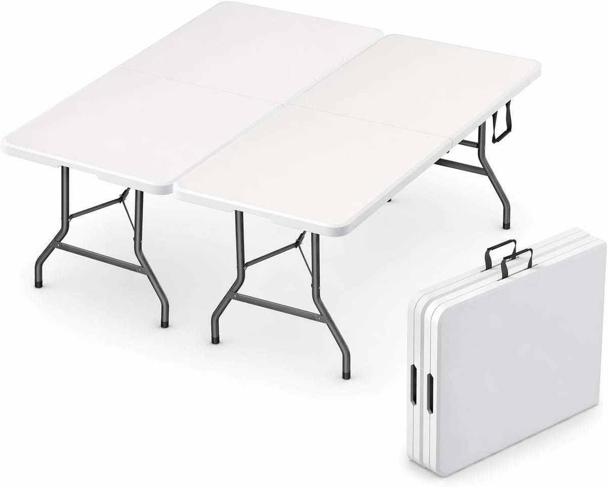 2 PACK of 6 Feet Foldable Table with Built in Handle & Steel Legs | 6FT Heavy Duty Folding Portable | Perfect for Party, Dining, Wedding, Events, Picnic Indoor, Outdoor, Camping, Folding – 6 Foot