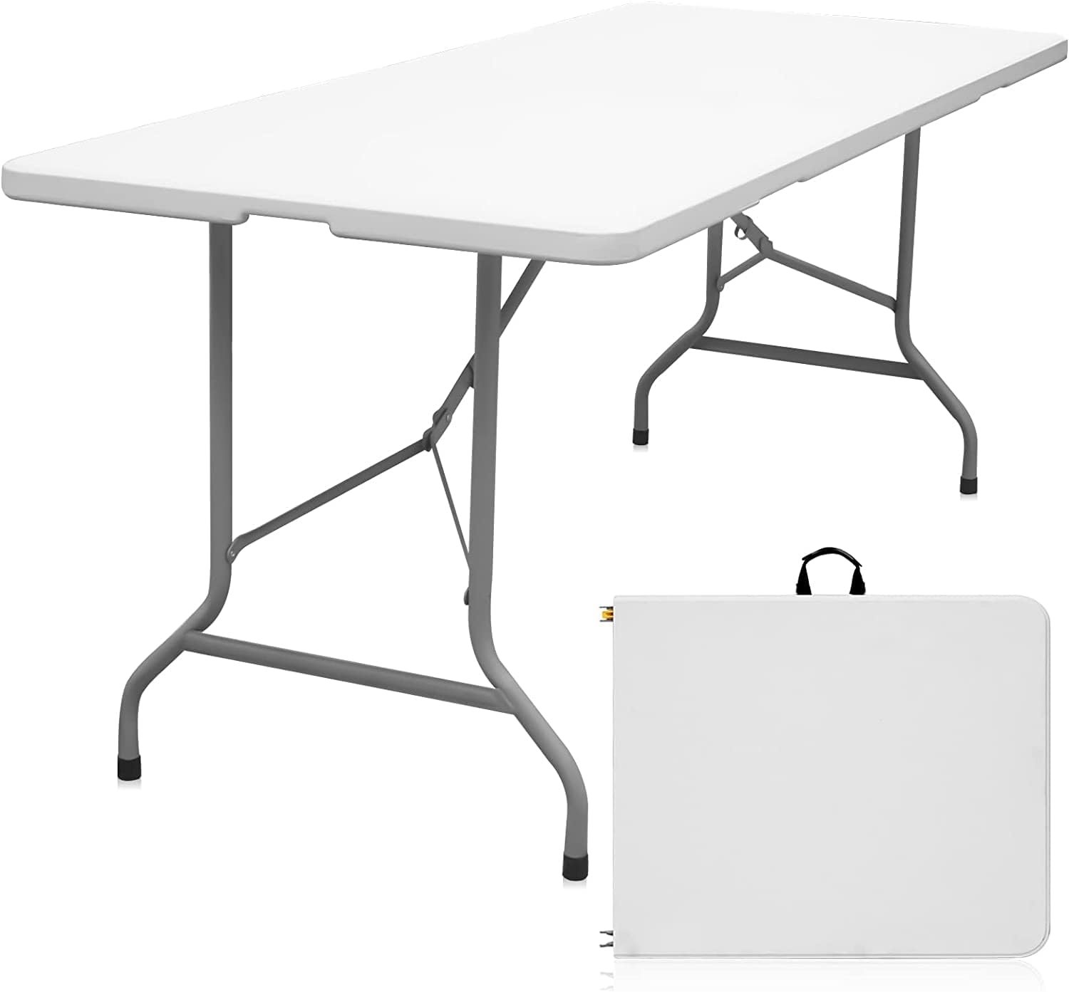 Folding Table 6ft, Heavy Duty Plastic Fold-in-Half Utility Table, White | Portable Utility Table,HDPE Top,Carry Handle,Sturdy Steel Legs,Indoor Outdoor for Parties,Camping,Dining,Supports 330 lbs