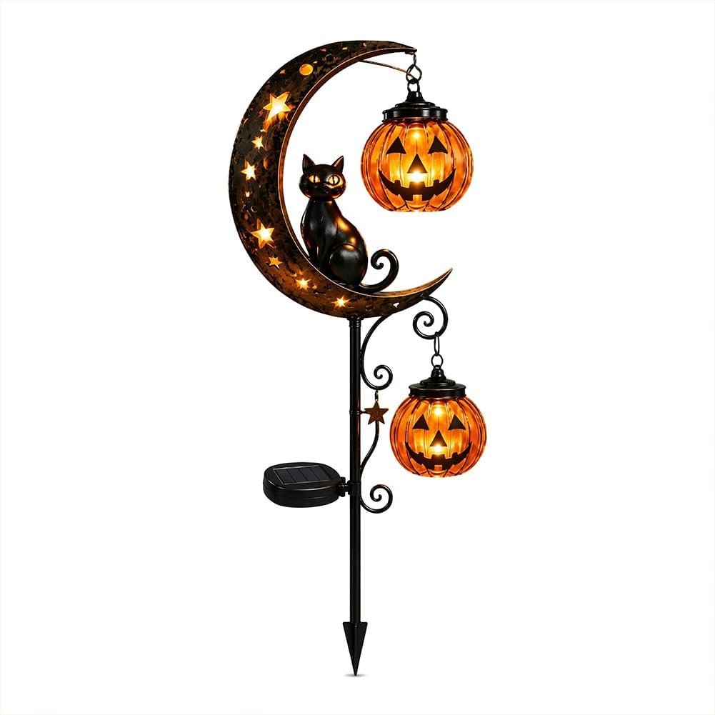 Solar Halloween Black Cat Garden Stake Light, Pumpkin Moon Garden Stake Light, Hanging Jack-o’-Lantern Lantern for 𝐆𝐚𝐫𝐝𝐞𝐧, Patio, Walkway, Porch (Style C)