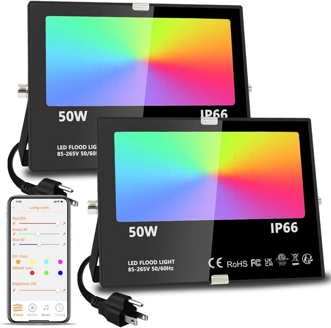 LED Flood Light Outdoor, 500W Equivalent 5000LM Smart RGB Landscape Lights | APP Control, DIY Scenes – Timing – Warm White 2700K – Color Changing Uplight, IP66 Waterproof US Plug (2 Pack)