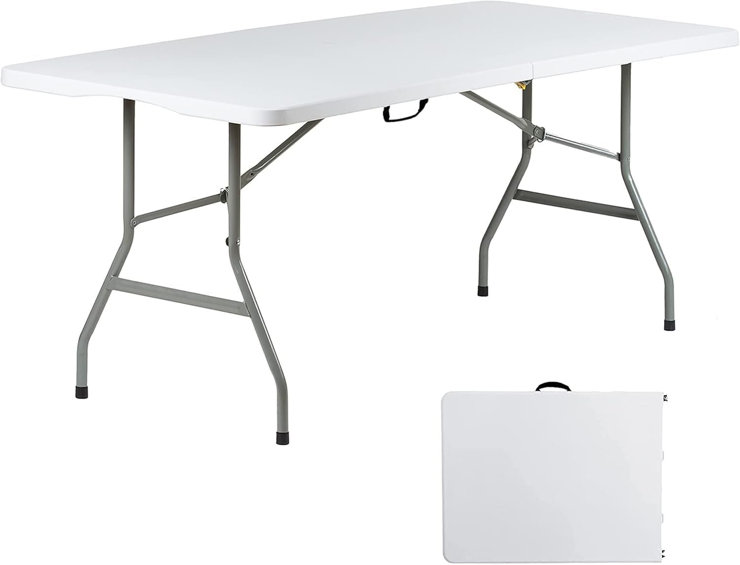 Folding Table 6ft, Heavy Duty Foldable Plastic 6 Foot Banquet Table | White HDPE Top, Fold-in-Half, Carry Handle, Indoor Outdoor for Party, Dining, Camping, Picnic, Long, Large