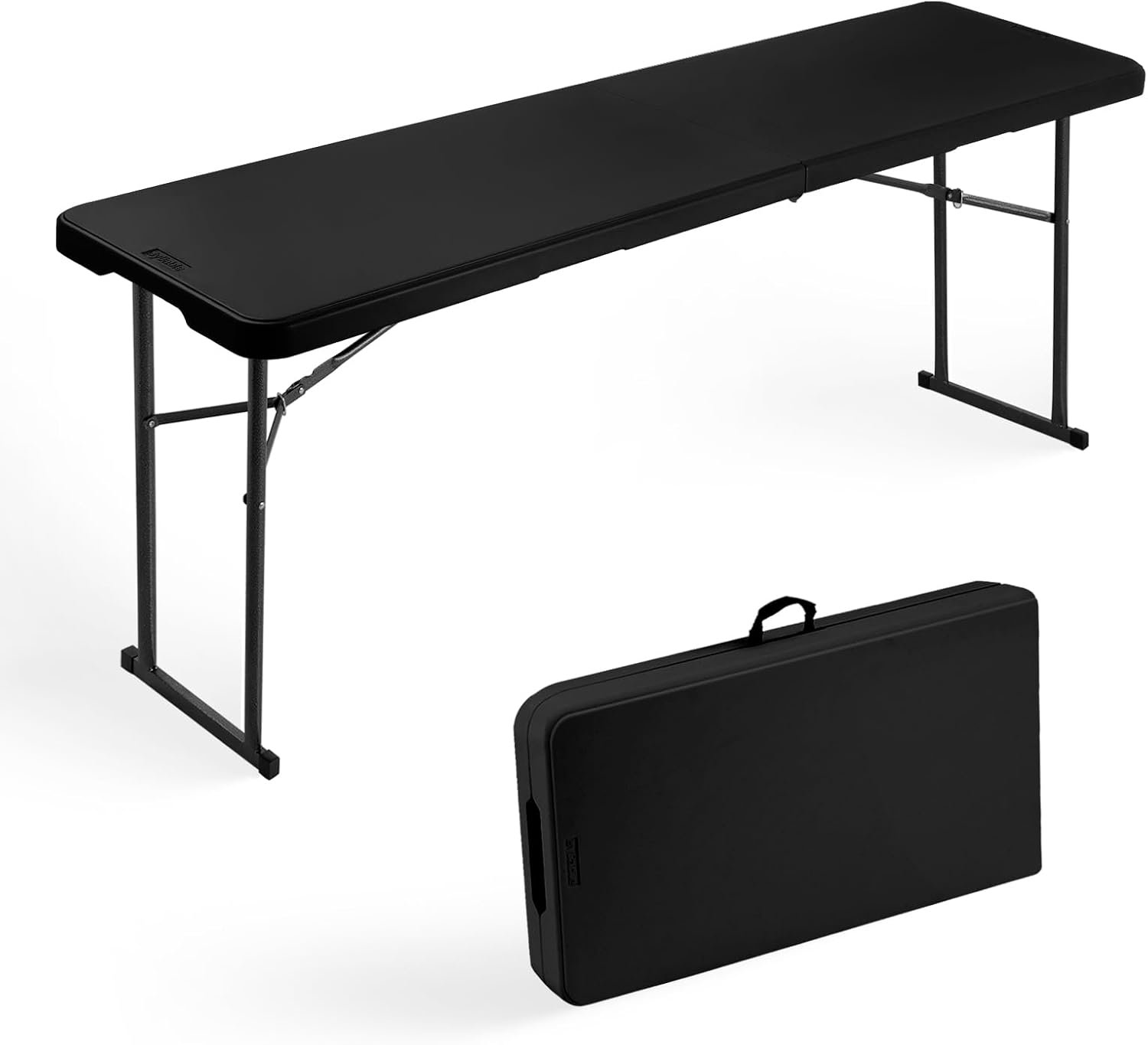 Folding Table 6FT Narrow Portable Plastic Heavy Duty Table, Black | Space-Saving Foldable Design, Fold-in-Half, HDPE Tabletop, Steel Legs, Carrying Handle, for Meeting, Buffet, Party, Wedding