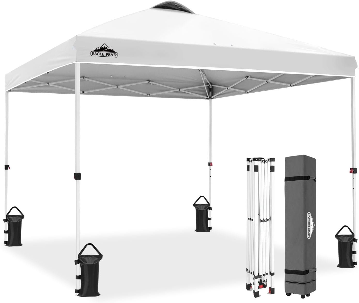 EAGLE PEAK 10×10 Pop Up Canopy Tent Easy Up Canopy Outdoor, White | Patented PeakPush™ Center Lock, 1 Person Setup Portable Pop Up Tent, Beach, Markets, Camping Sport Events, Wheeled Carry Bag