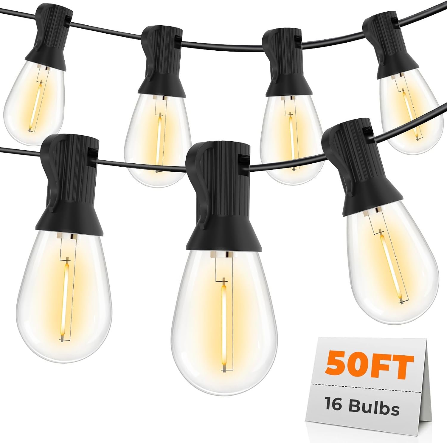 GvvooHome 50FT LED Outdoor String Lights with 16 Shatterproof Waterproof Replaceable Bulbs(1 Spare), 2700K Commercial Grade Patio Lights, Outside Hanging Light for Yard Garden Porch Deck Decor