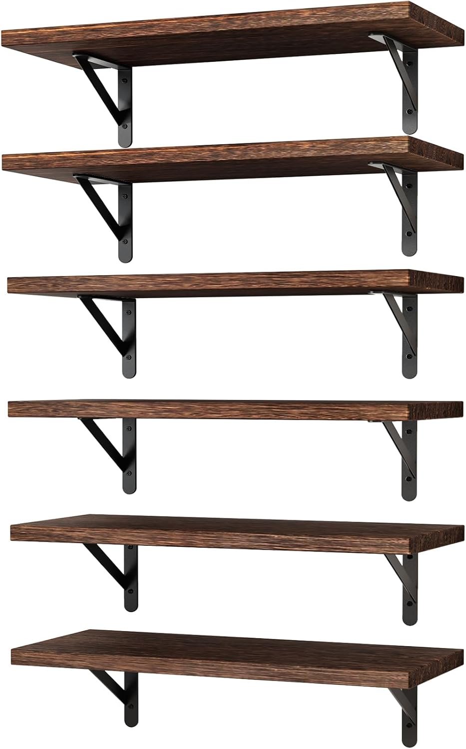 YGEOMER 16.5in Floating Shelves for Wall Home Decor, Wood, Brown, Set of 6 | Rustic wood shelves with metal brackets. Space-saving for books & decor. Works in bathroom, kitchen, living room & bedroom.