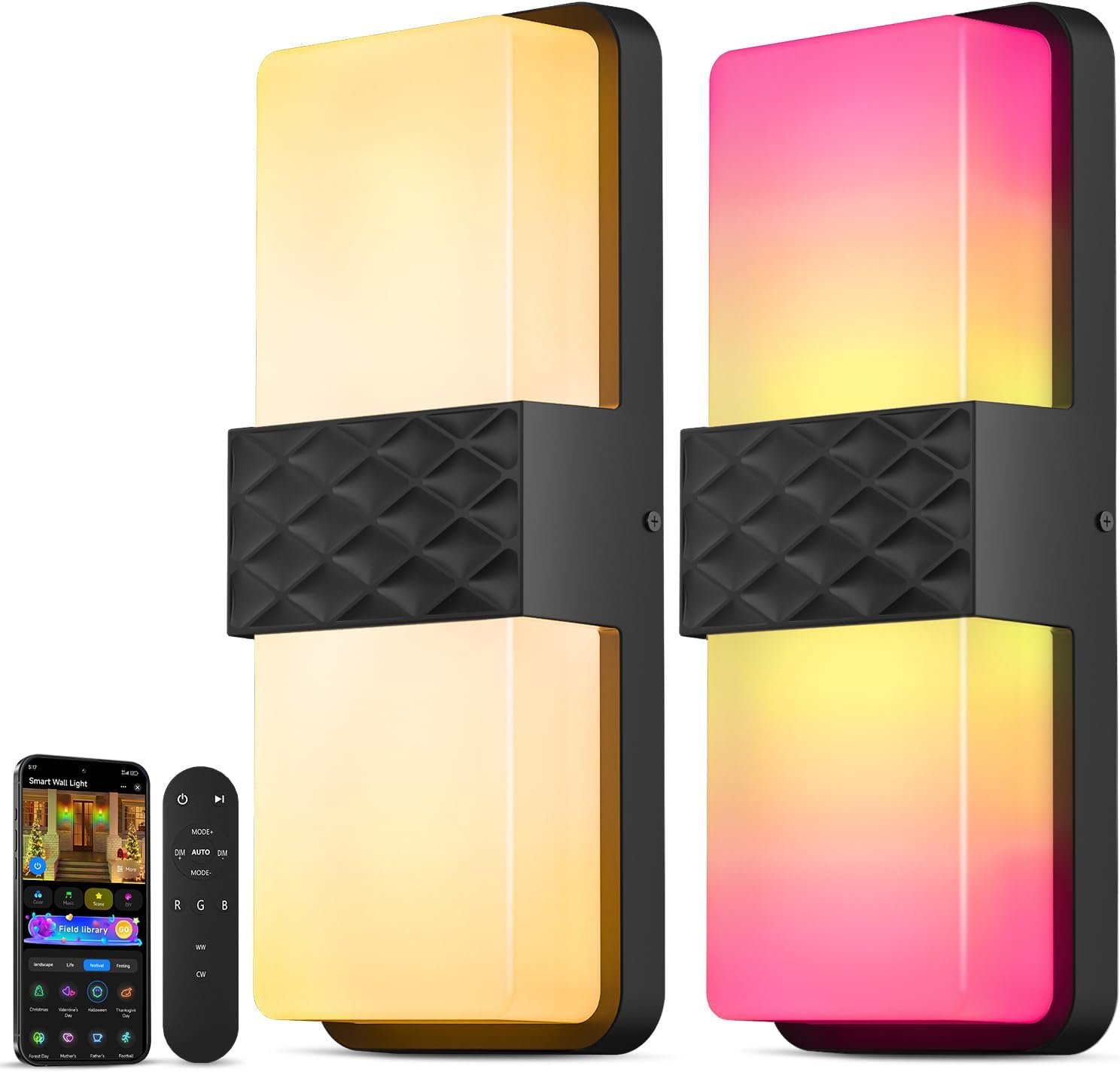 Smart Outdoor Wall Light, RGBCW Porch Light, IP65 Waterproof 2Pack | 1500LM LED Color-Changing Light, 44 Scene Modes, DIY Color, Works with Alexa/Google for Porch, Patio, Yard & Holiday Decor