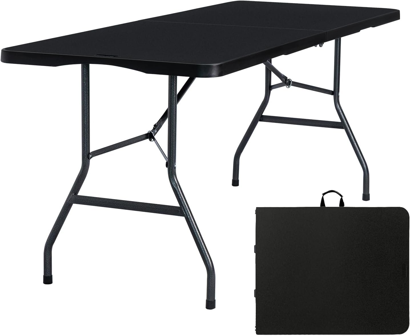 Folding Table 6ft, Heavy Duty Portable Utility Table with Handle, Black | Fold-in-half Design,Easy Storage,HDPE Top,Sturdy Legs,330lbs Support,Indoor Outdoor Use for Dining,Parties,Picnic
