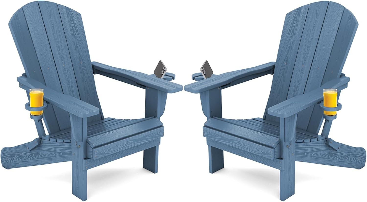 SERWALL Outdoor Adirondack Chairs Set of 2 with 2 Cup Holders,Foldable,Blue | HDPE Composite,Waterproof,Wood Grain,Cup & Phone Holder,Suitable for Garden,Patio,Backyard