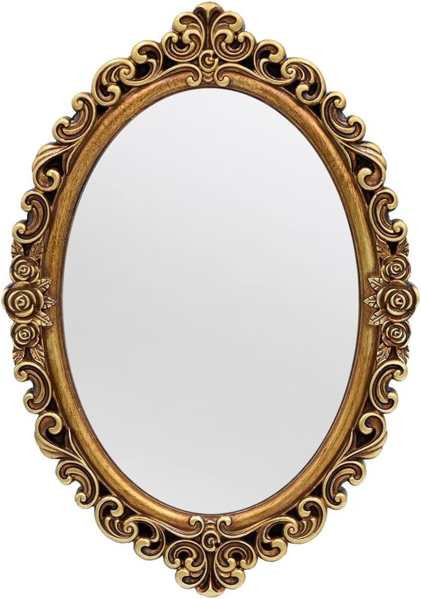 OIGUMR Oval Smallest Wall Mirror Resin Frame Size：12 x 8.3 inch Mirror Vintage Hanging Mirrors for Bedroom Living-Room Dresser Decor Gold | Mirror Vintage Hanging Mirrors for Bedroom Living-Room Dresser Decor Gold