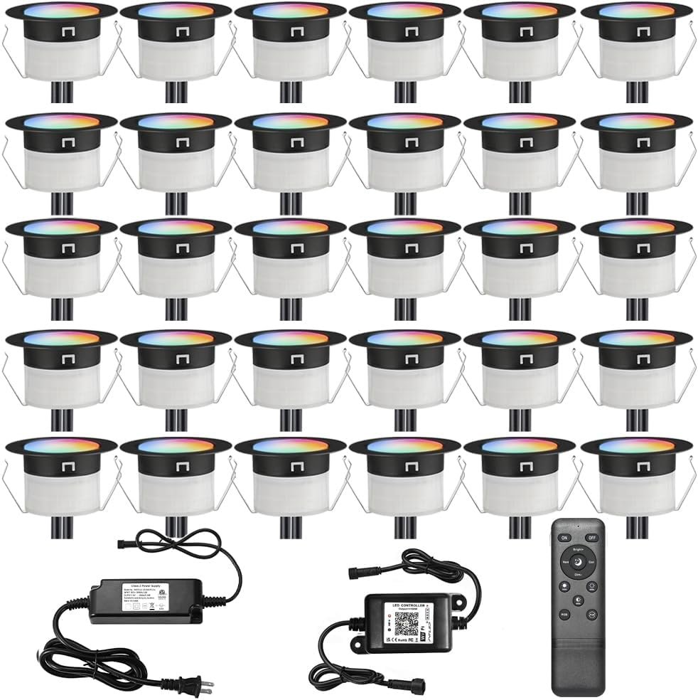 LED Deck Lights Kit, 30 Pack Φ1.22″ Low Voltage WiFi Smart Recessed RGBW Deck Lighting with App/Voice Control, Waterproof IP67 In Ground Landscape Lighting for Outdoor Stairs Steps Floor Decor, Black