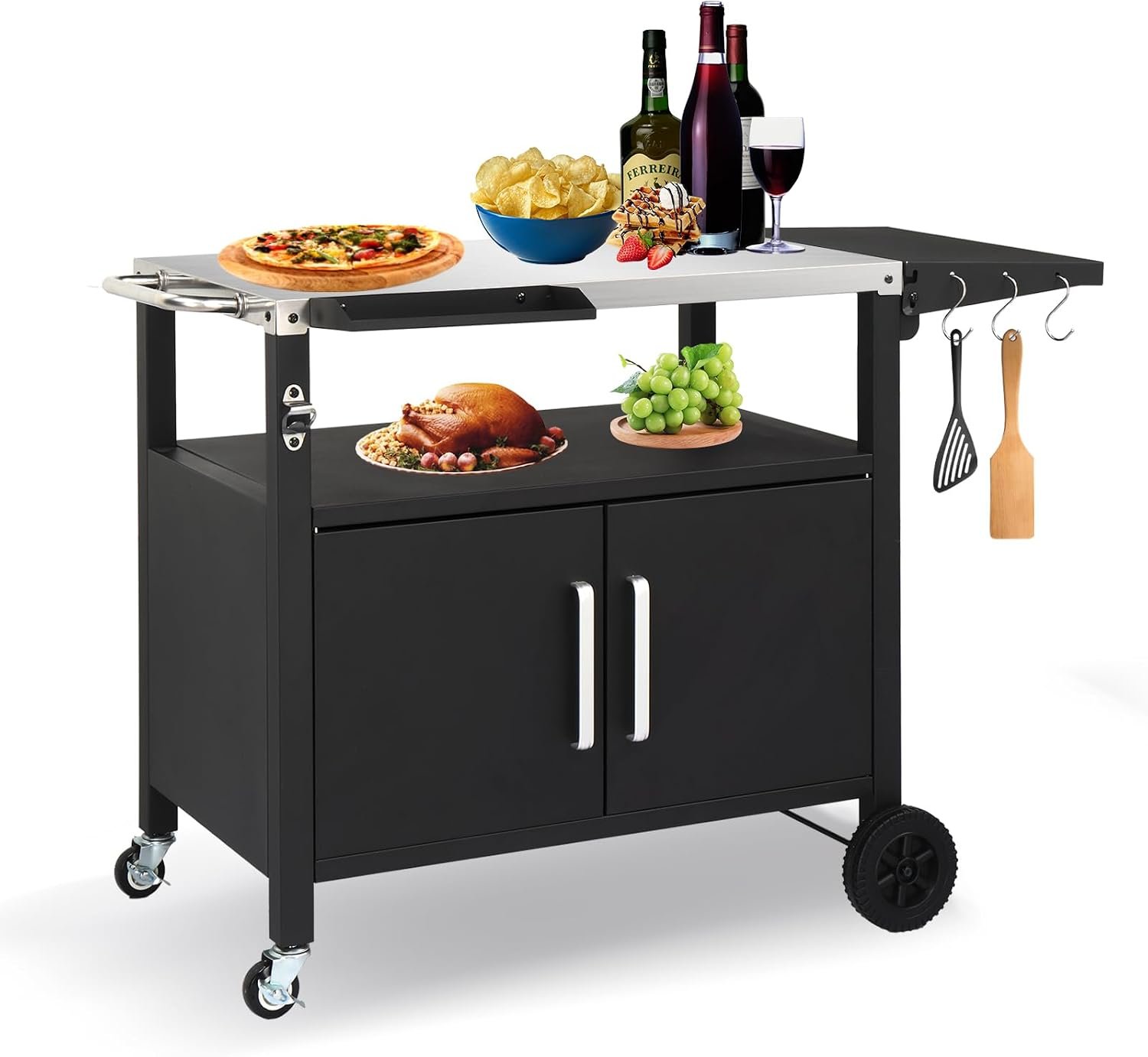 Outdoor Grill Cart with Storage, Side Handle & Storage Cabinet | Bar Patio Kitchen Island Outdoor Grill Table, BBQ Cart Movable Pizza Oven Table Stand with Wheels, Foldable