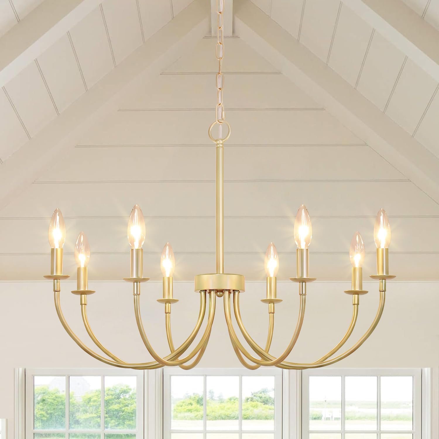 8-Light Gold Chandeliers, 26″ Farmhouse Dining Room Light Fixtures | Rustic Candle Chandelier Light Fixtures, For Living Room, Kitchen, Staircase, Entryway, Foyer