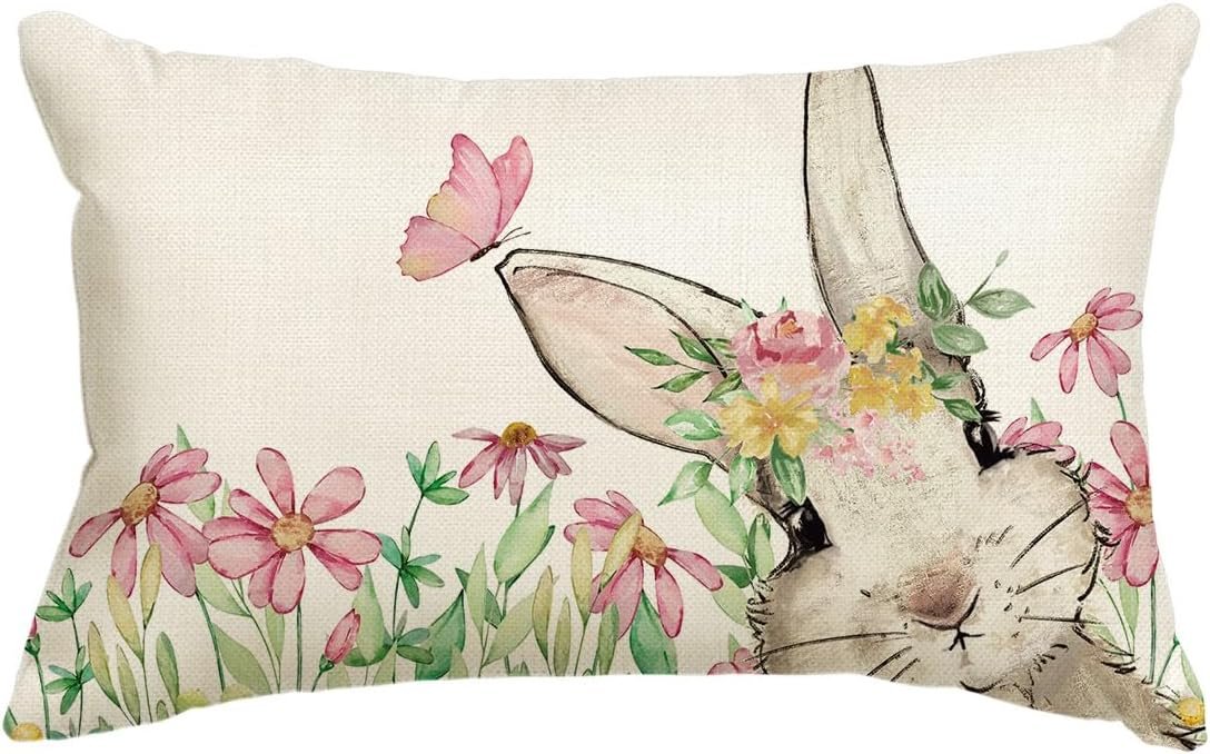 AVOIN colorlife Easter Floral Garland Bunny Throw Pillow Cover, 12 x 20 Inch Spring Rabbit Holiday Cushion Case Decoration for Sofa Couch