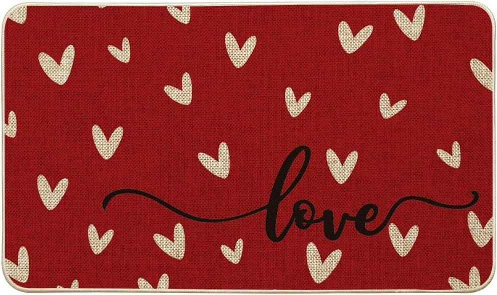 Artoid Mode Red Love Valentine’s Welcome Decorative Doormat, Seasonal Anniversary Wedding Low-Profile Rug Switch Mat for Indoor Outdoor 17×29 Inch