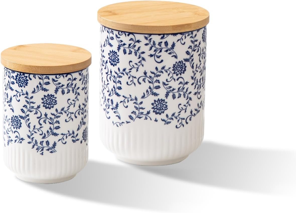 2 Pcs 36/18 oz Ceramic Canisters Sets for Kitchen | Kitchen Containers for Countertop with Airtight Wood Lids – Sugar Containers for Coffee Tea Beans Cookie Jars – Vintage Blue