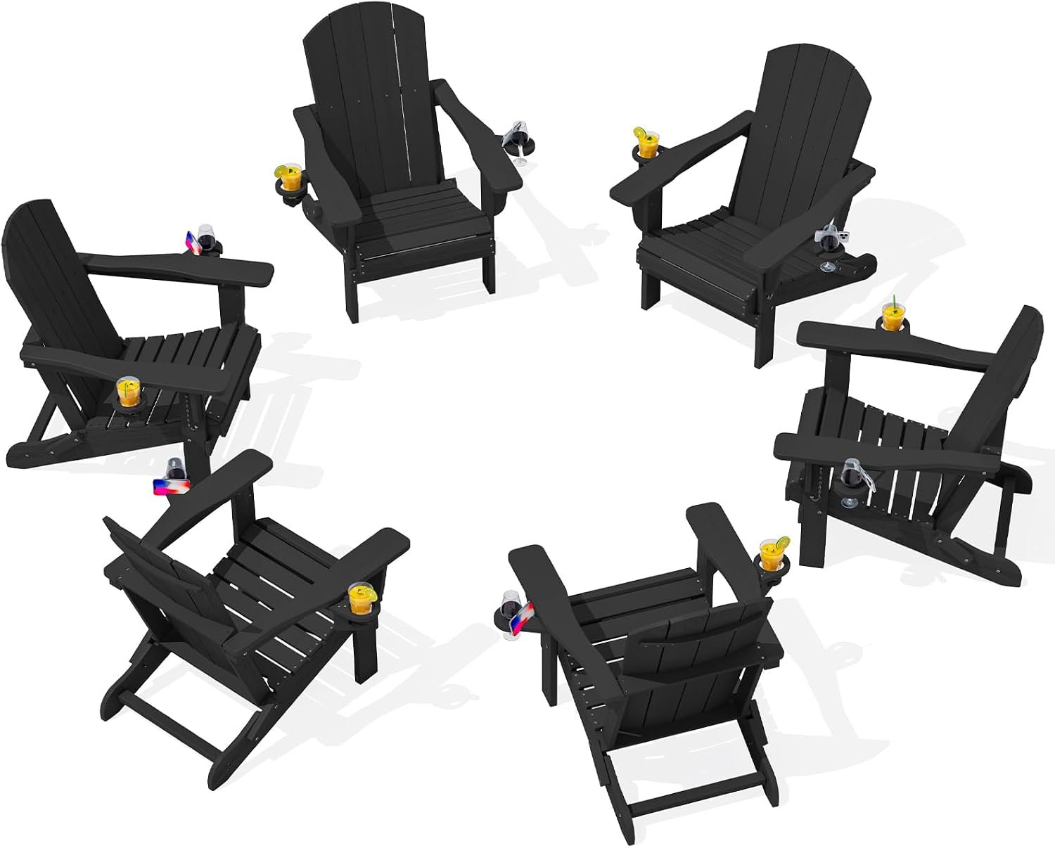 SERWALL Outdoor Adirondack Chair Set of 6 with 2 Cup Holders,Foldable,Black | HDPE Composite,Waterproof,Wood Grain,Cup & Phone Holder,Suitable for Garden,Patio,Backyard