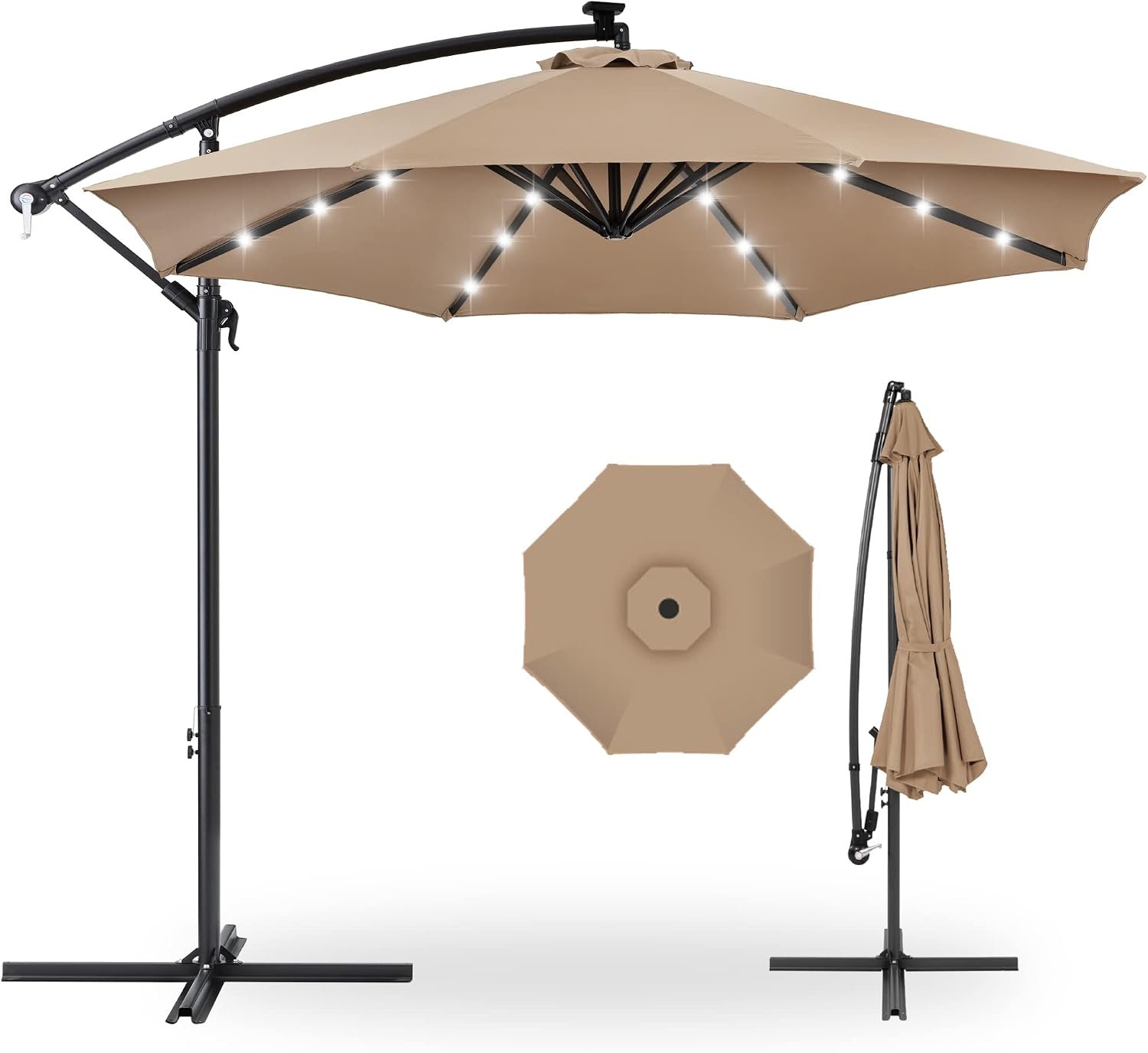 Best Choice Products 10ft Solar LED Offset Cantilever Hanging Market Patio Umbrella, 8 Sturdy Ribs, Easy Adjustment – Tan