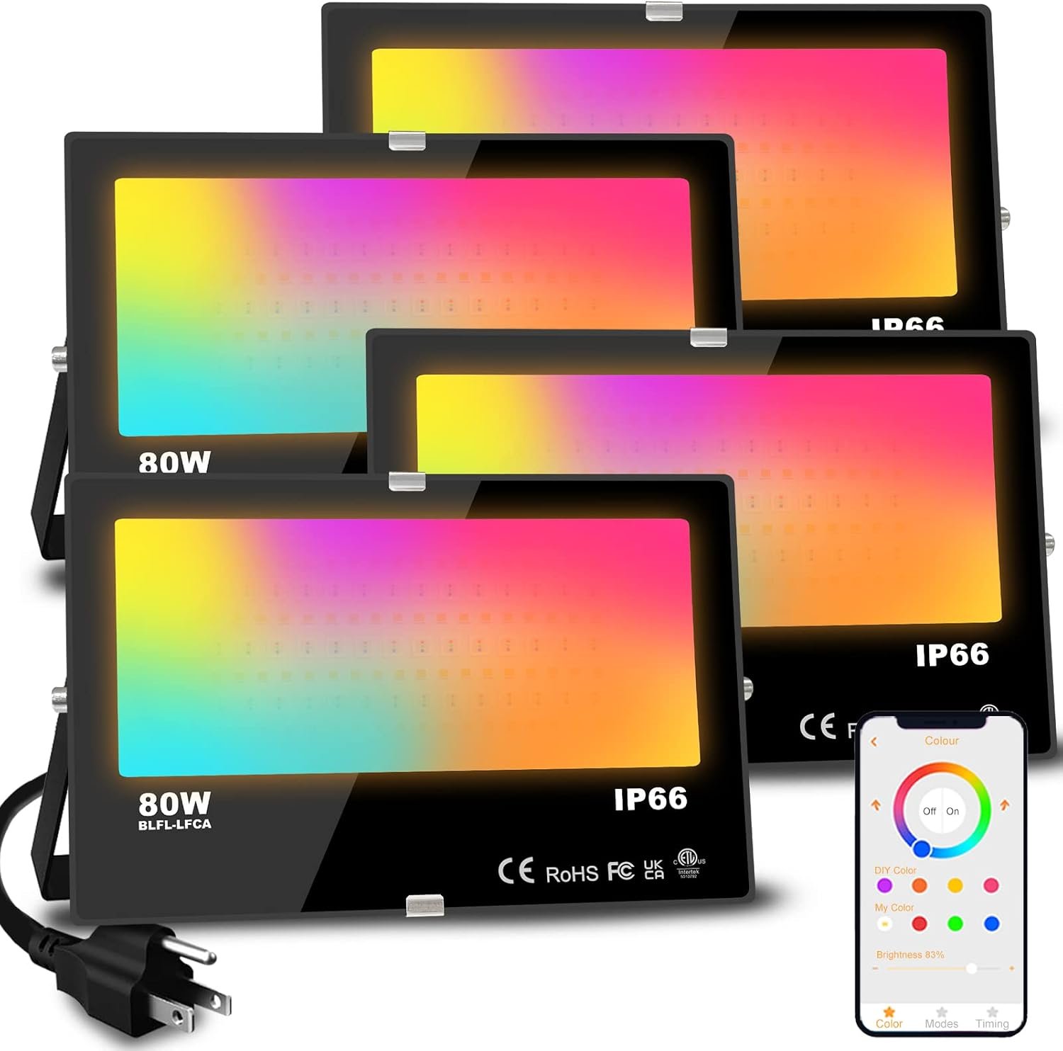 LED Flood Light Outdoor 800W Equivalent 8000LM Smart RGB Landscape Lighting | APP Control, DIY Scenes – Timing – Warm White 2700K – Color Changing Uplight, IP66 Waterproof US Plug (4 Pack)