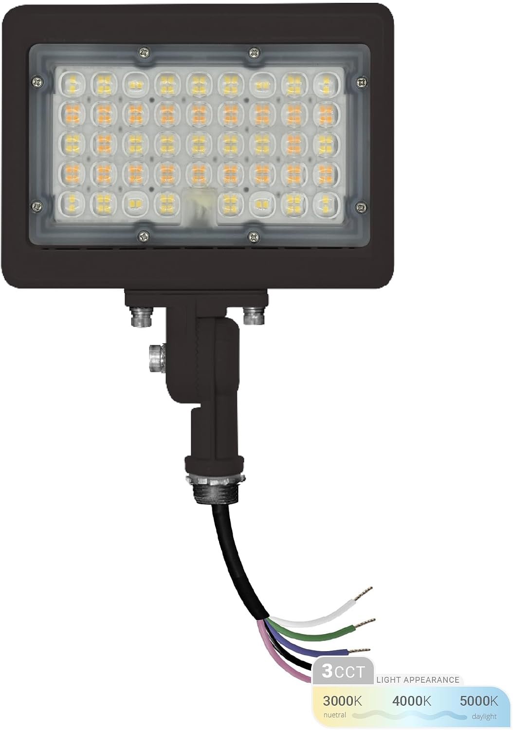50W LED Flood Light, 3CCT 3000K/4000K/5000K Selectable, IP65 Waterproof Lighting, Adjustable Knuckle Mount, 7050LM, 0-10V Dimmable, 120-277V, Outdoor Security Floodlight for Yard, Bronze, UL