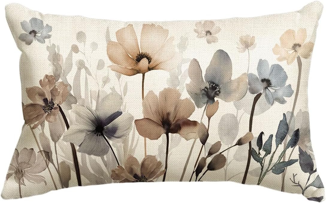 AVOIN colorlife Poppy Flowers Spring Fall Throw Pillow Cover 12×20 Inch | Chinoiserie Seasonal Leaves Cushion Case Decoration for Sofa Couch Farmhouse