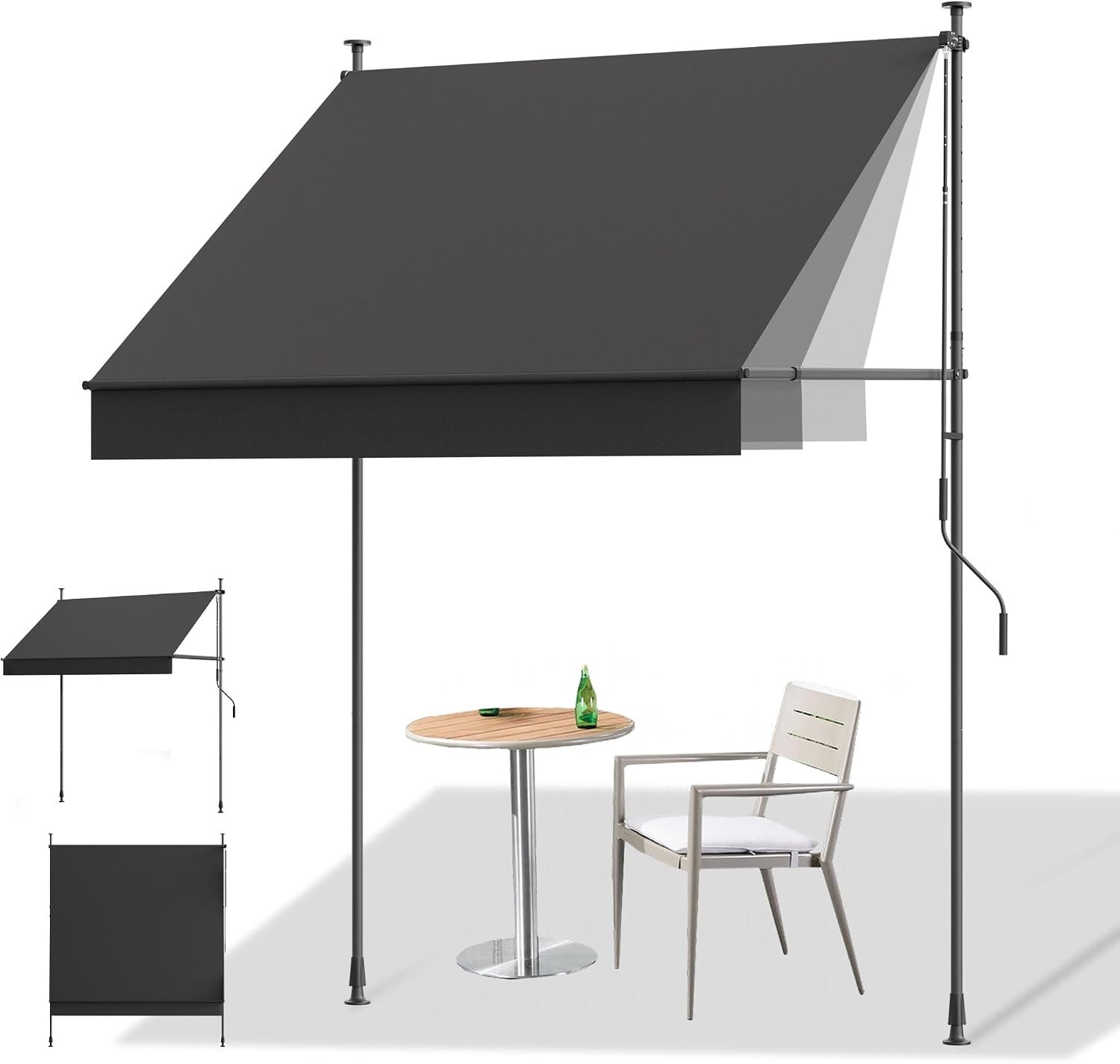 HOMEDEMO Manual Retractable Awning, 79″ W x 118″ H Retractable Side Bar 47-59″, Outdoor Patio Awnings Height Adjustable 82-118″, NO Drilling Awings for Backyard Garden Porch Outside Carbon Gray