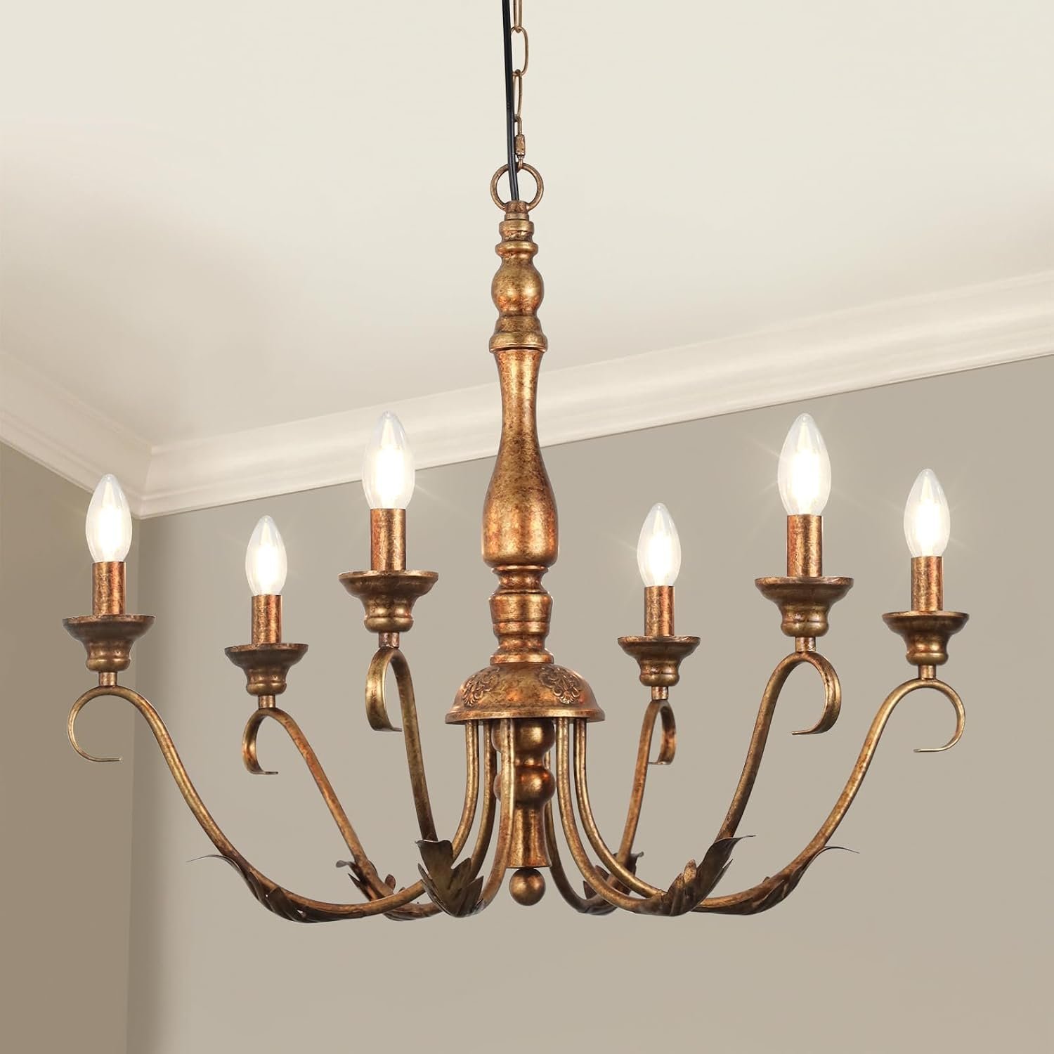 6-Light Farmhouse Chandeliers for Dining Room, 23.62” Vintage Brass Gold Chandelier, Adjustable Rustic Metal Hanging Pendant Light Fixture for Kitchen Island Entryway Foyer Bedroom Hallway