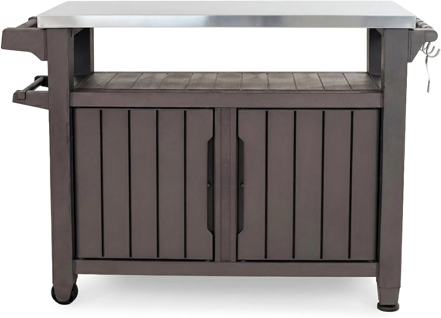 Keter Outdoor Rolling Table Cart for Food Prep, Storage, Dark Brown | Portable Kitchen Island Tabletop with Wheels for Bar & Grill, Drinks, Snacks, and Cooking
