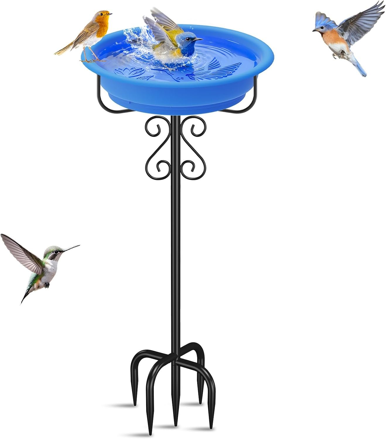 Bird Bath for Outside, 40In Freestanding Birdbaths & Feeder, Blue | Stable Metal Stake, 12″ Removable Bowl, Weather-resistant, Easy Clean, Outdoors Garden Patio Yard Lawn