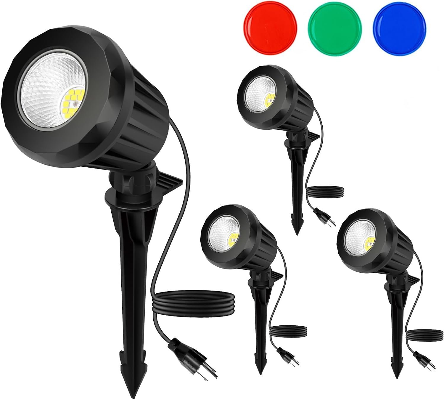 Christmas Spot Lights Outdoor, Warm White for Yard, 4 Pack, Black | Energy-Saving; 2700K Warm White; IP67 Waterproof; 120V Plug-in; 3 Interchangeable RGB Lenses for Holidays & Daily Use