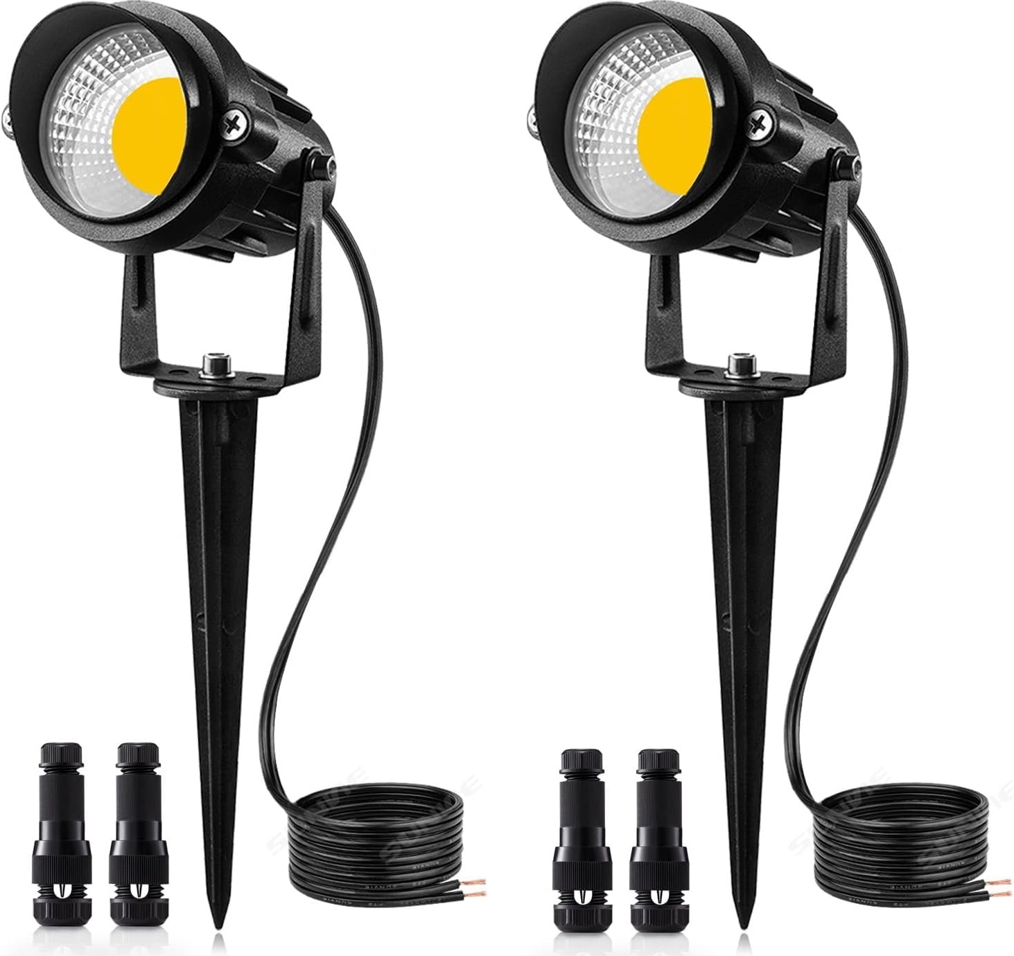 SUNVIE 12W Low Voltage Landscape Lighting LED Landscape Lights 3000K Waterproof Garden Pathway Lights 12V Outdoor Spotlights with Spike Stand, 2 Pack with Connectors