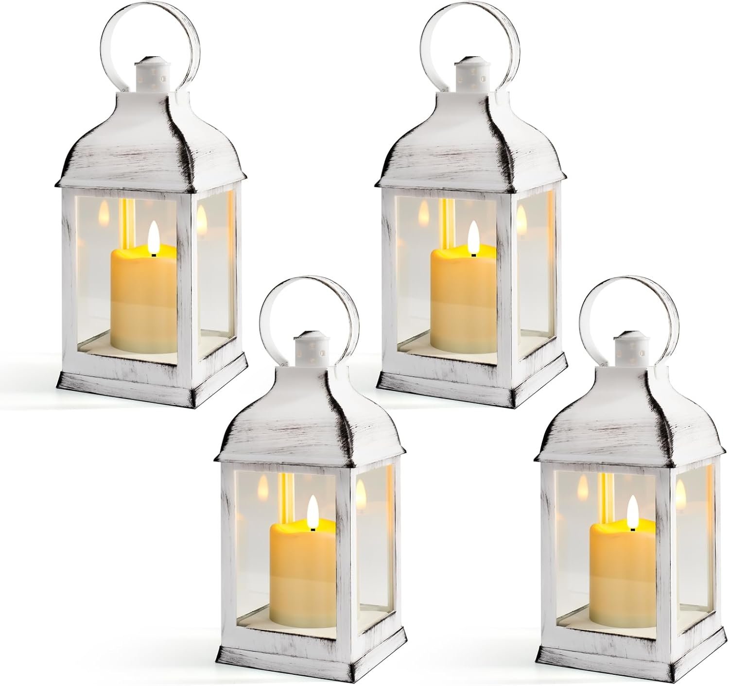 White Vintage Lantern Decorative LED Flickering Flameless Candle with Timer, Battery Powered LED Decorative Hanging Lanterns for Indoor Outdoor Wedding Garden Yard Home Decor(4 Pack)