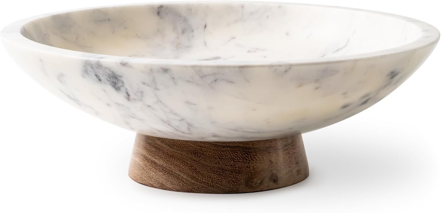 Cork & Mill Marble Decorative Bowl with Acacia Wood Pedestal, 11 Inch | Handcrafted Natural Stone Fruit Bowl for Kitchen, Potpourri, Catch All for Entryway, Dining Table Centerpiece Decor