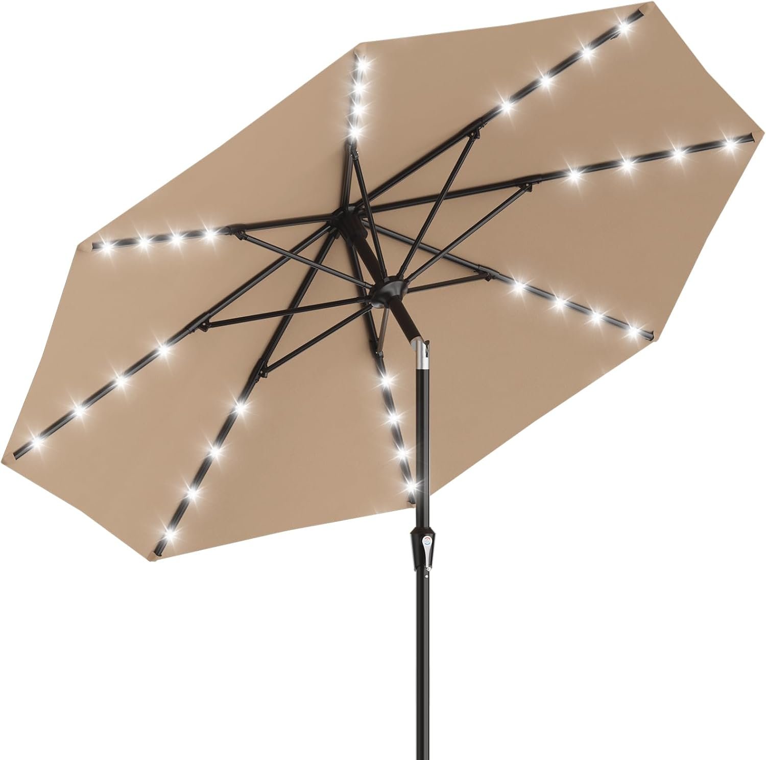 9FT Patio Umbrella with Solar Lights, 32 Lighted Pool Umbrella w/Tilt and Crank, Outdoor Market Solar Umbrellas for Garden, Deck, Backyard, Pool and Beach, Beige