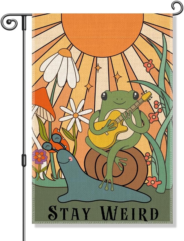 Perfectinsoy Stay Weird Funny Cute Frog Playing Guitar Garden Flag 12×18 | Snail and Frog Outdoor Banner Double Sided, Funny Welcome Yard Holiday Farmhouse Patio Porch, Housewarming Flag Gifts