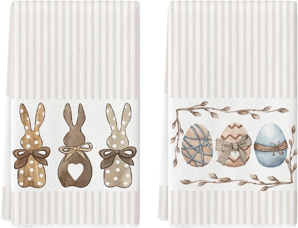 Artoid Mode Stripe Rabbit Bunny Eggs Easter Kitchen Towels Dish Towels, 18×26 Inch Spring Decoration Hand Towels Set of 2