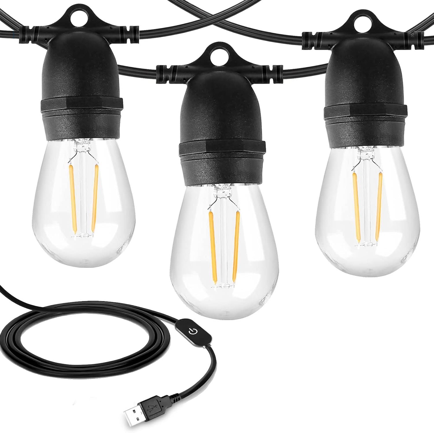 24.6FT USB Powered Outdoor String Lights Waterproof Dimmable | 10pcs Shatterproof S14 LED Bulbs Warm White 2700K Lightweight Garden Festoon String Lights for Camping BBQ Christmas Party