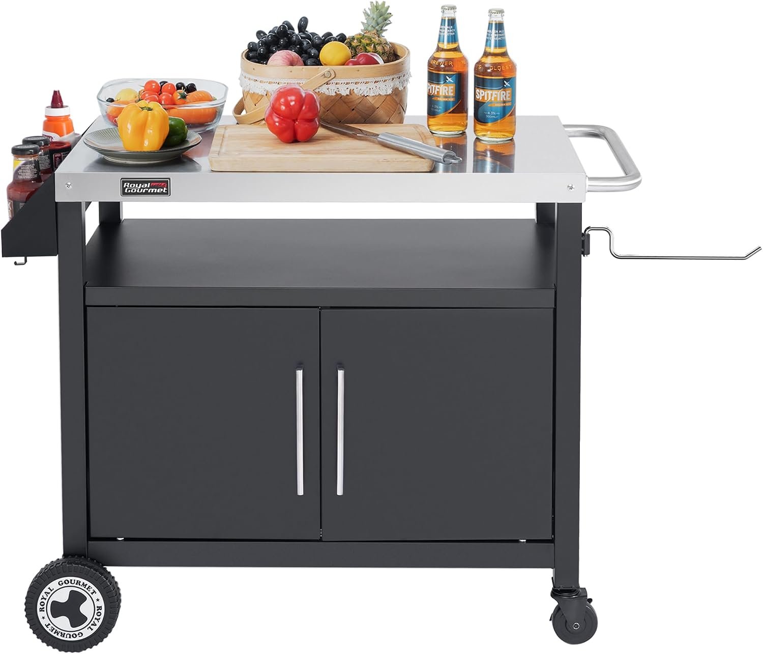 PC3403S Outdoor Grill Cart with Wheels Black | Movable Kitchen Island with Storage Cabinet for BBQ, Stainless Steel Dining Cart Table for Food Prep